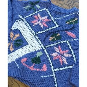 Vtg Jamie Scott Hand Knit Purple Floral‎ Sweater Sz L Cottagecore Grandmacore